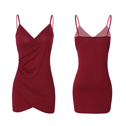 Fee Et Moi – Deep V-Neck Ruched Slip Nightdress Wine Red XL