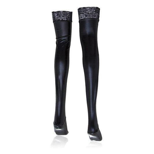 The Horny Company - Black Dragon Faux Leather Stockings With Anti-slip Lace Trim Small/Medium