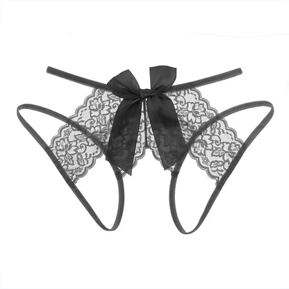 Letrista - Thong Crotchless Berenda Seksi dengan Garter dan Aksen Riben Hitam Saiz L
