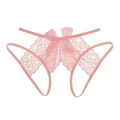 Letrista - Seluar Dalam Thong Tanpa Kelangkang Berenda Seksi dengan Garter dan Aksen Reben Merah Jambu S/M