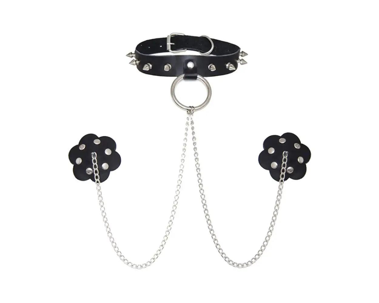 Neva Nude - Slave 4 U Leather Chain Neck Spikey Choker Reusable Silicone Nipple Cover Pasties Black