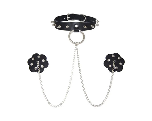 Neva Nude - Slave 4 U Leather Chain Neck Spikey Choker Reusable Silicone Nipple Cover Pasties Black