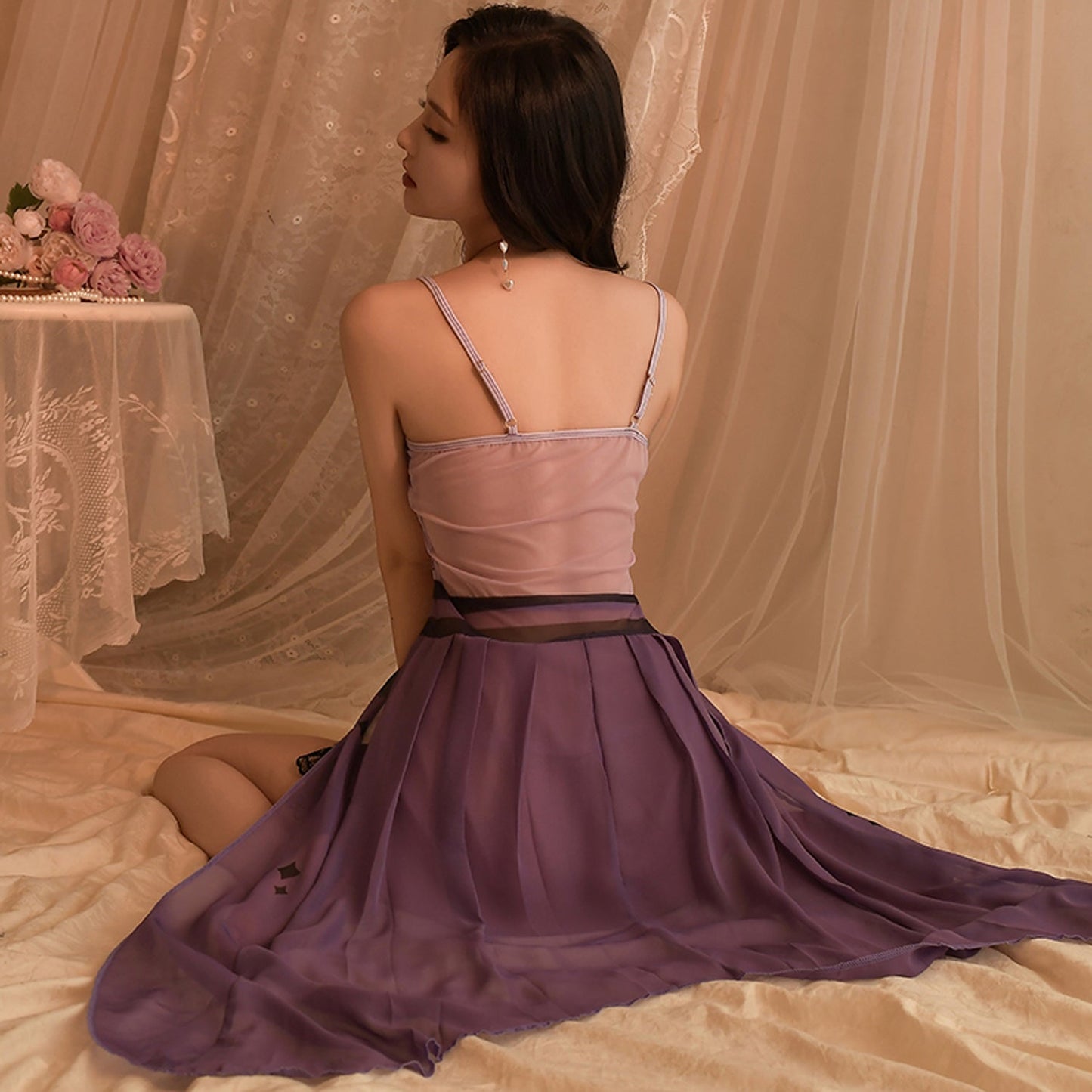 Ping Xian - Whimsical Allure Sheer Purple Floral Night Dress One Size