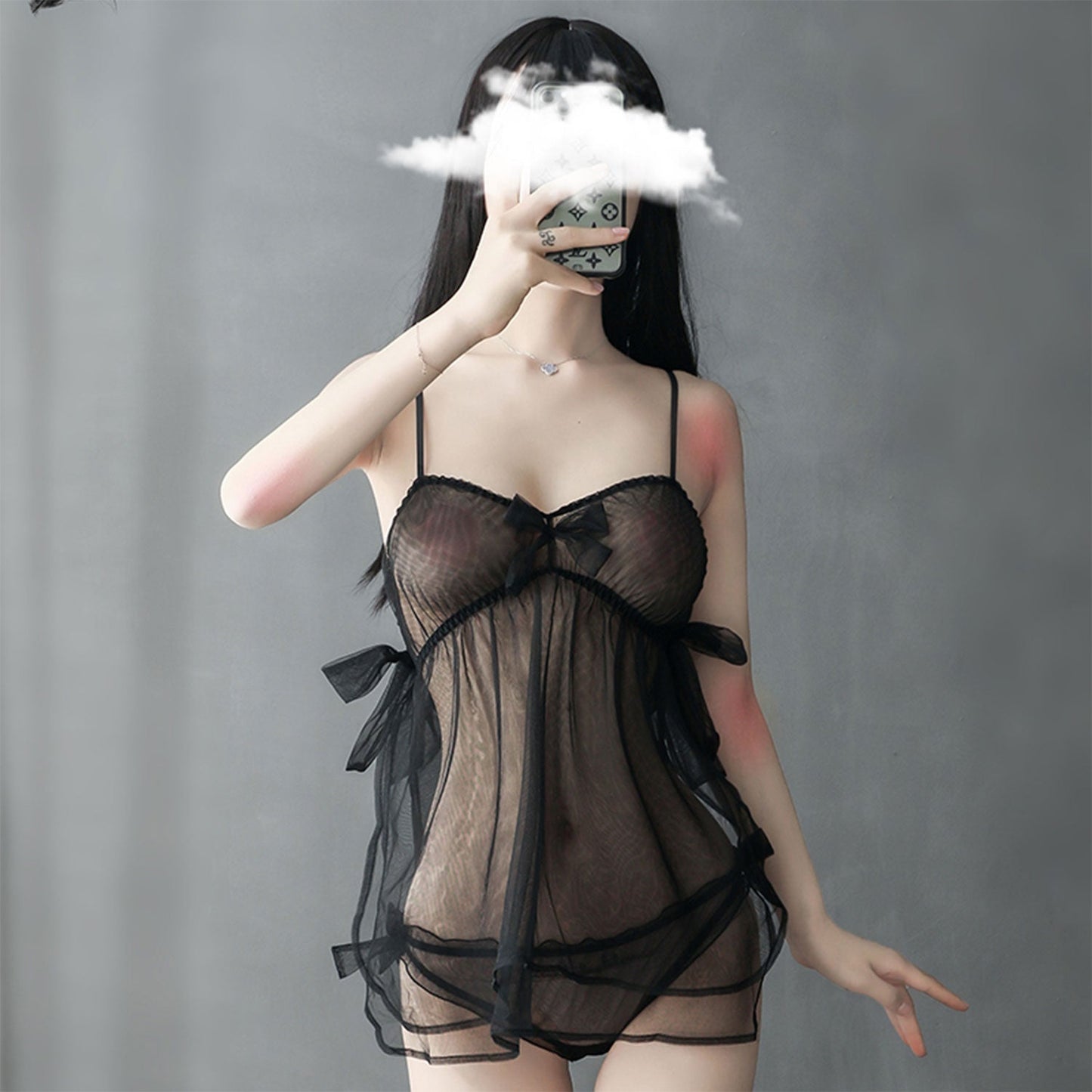 Ping Xian - Sexy See-through Side Slit Ribbon Night Dress One Size Black