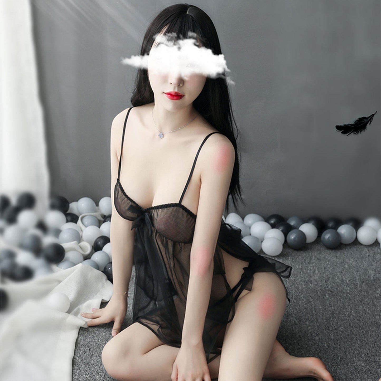 Ping Xian - Sexy See-through Side Slit Ribbon Night Dress One Size Black