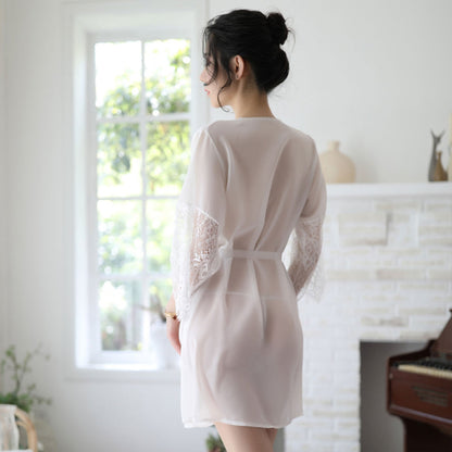 Ping Xian - Jubah Paras Pertengahan Chiffon Jarang Menawan Berenda dengan Tali Satin Putih