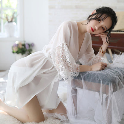 Ping Xian - Jubah Paras Pertengahan Chiffon Jarang Menawan Berenda dengan Tali Satin Putih