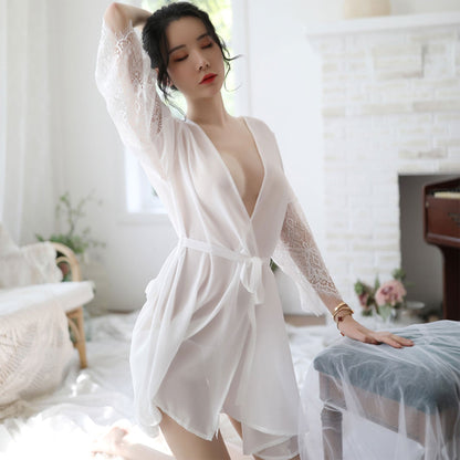 Ping Xian - Jubah Paras Pertengahan Chiffon Jarang Menawan Berenda dengan Tali Satin Putih
