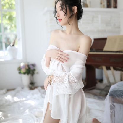 Ping Xian - Jubah Paras Pertengahan Chiffon Jarang Menawan Berenda dengan Tali Satin Putih
