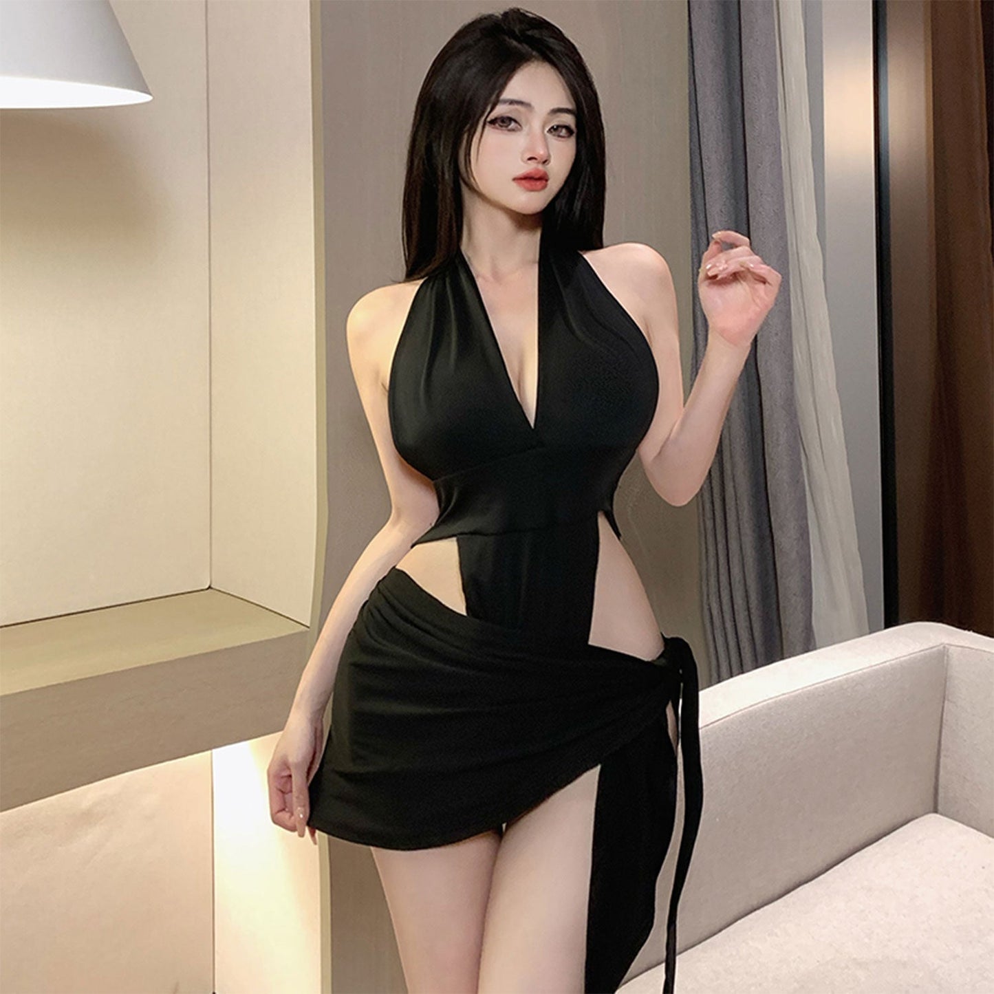 Ping Xian - Sultry V Neck Halter Bodysuit with Two-Way Tie Lace Skirt One Size Black