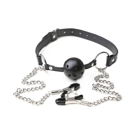 Syarikat Horny - Bola Sumbat Mulut Bondage Naga Hitam dengan Pengepit Puting