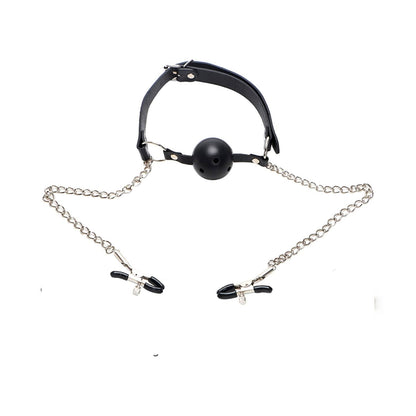 The Horny Company - Black Dragon Bondage Ball Gag with Nipple Clamps